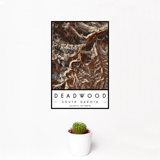 12x18 Deadwood South Dakota Map Print Portrait Orientation in Ember Style With Small Cactus Plant in White Planter