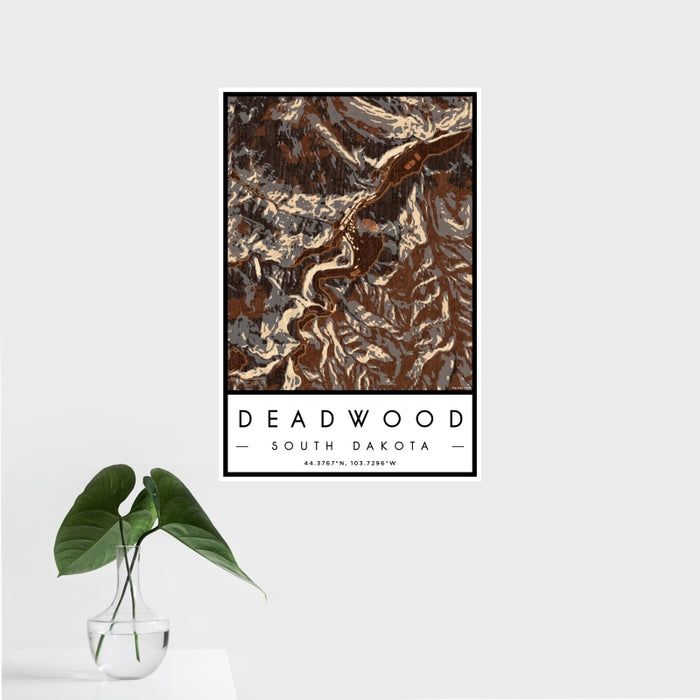 16x24 Deadwood South Dakota Map Print Portrait Orientation in Ember Style With Tropical Plant Leaves in Water