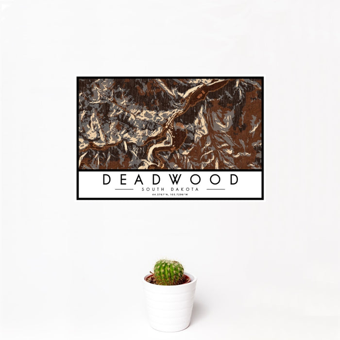 12x18 Deadwood South Dakota Map Print Landscape Orientation in Ember Style With Small Cactus Plant in White Planter