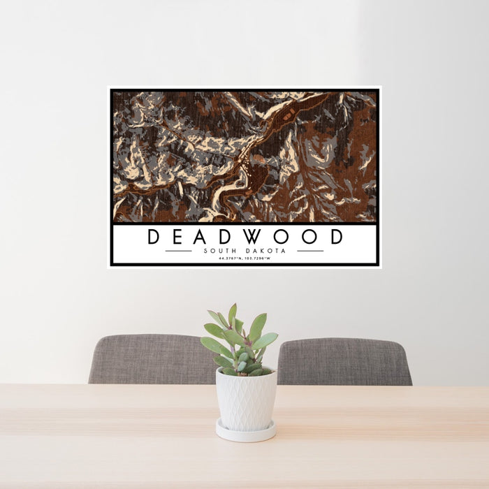 24x36 Deadwood South Dakota Map Print Landscape Orientation in Ember Style Behind 2 Chairs Table and Potted Plant
