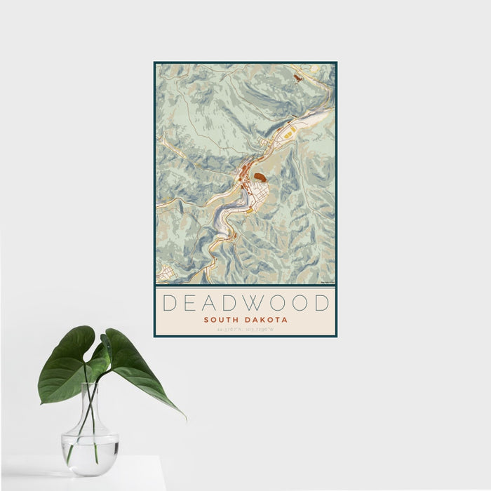 16x24 Deadwood South Dakota Map Print Portrait Orientation in Woodblock Style With Tropical Plant Leaves in Water