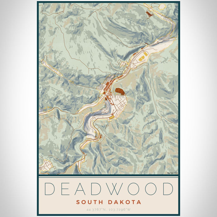 Deadwood South Dakota Map Print Portrait Orientation in Woodblock Style With Shaded Background