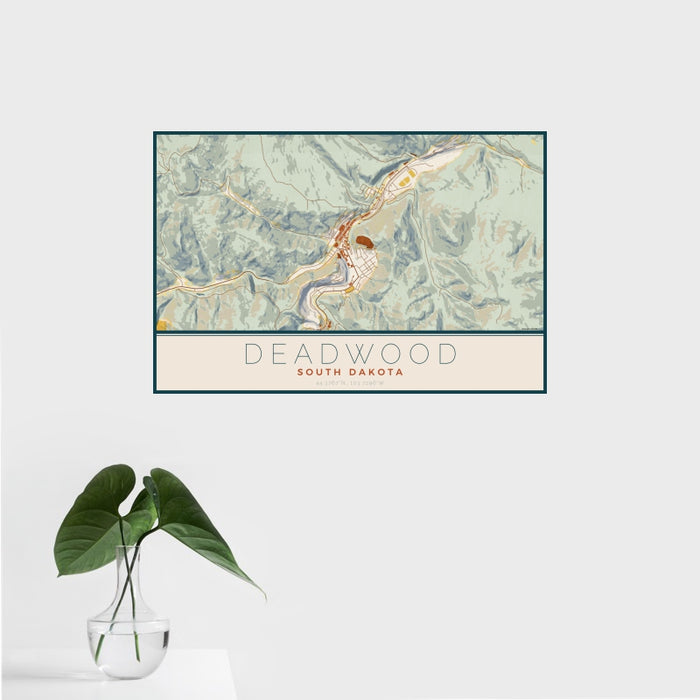 16x24 Deadwood South Dakota Map Print Landscape Orientation in Woodblock Style With Tropical Plant Leaves in Water