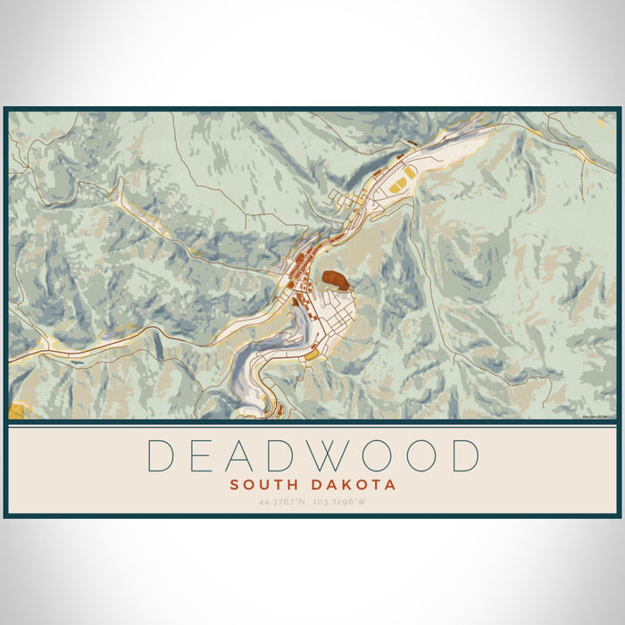 Deadwood South Dakota Map Print Landscape Orientation in Woodblock Style With Shaded Background