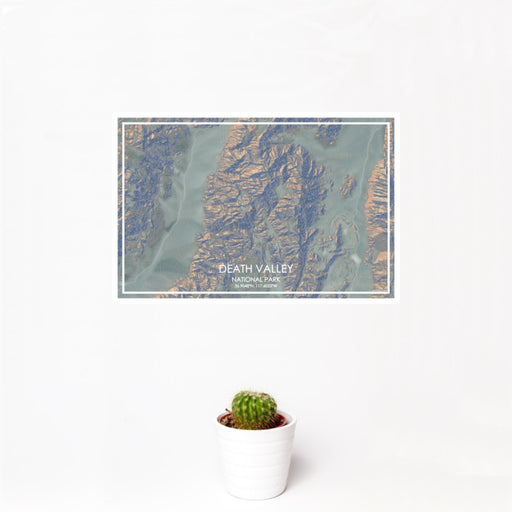 12x18 Death Valley National Park Map Print Landscape Orientation in Afternoon Style With Small Cactus Plant in White Planter