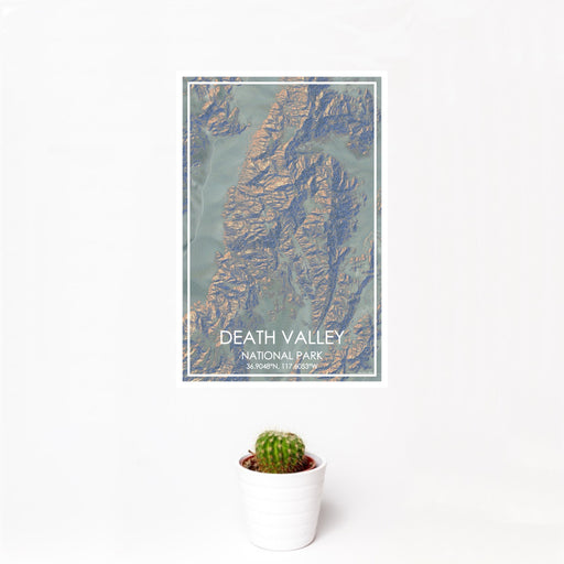 12x18 Death Valley National Park Map Print Portrait Orientation in Afternoon Style With Small Cactus Plant in White Planter