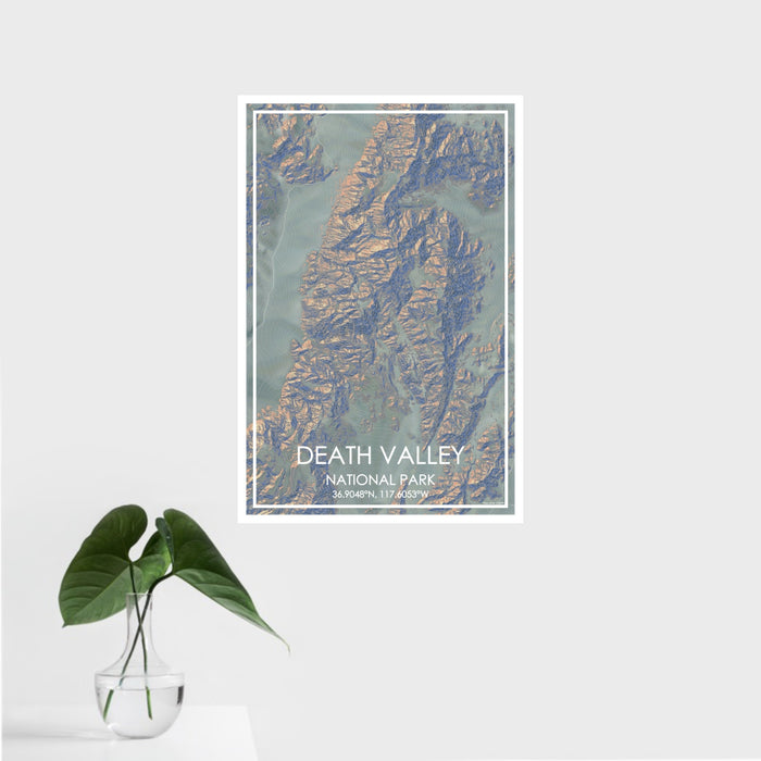 16x24 Death Valley National Park Map Print Portrait Orientation in Afternoon Style With Tropical Plant Leaves in Water
