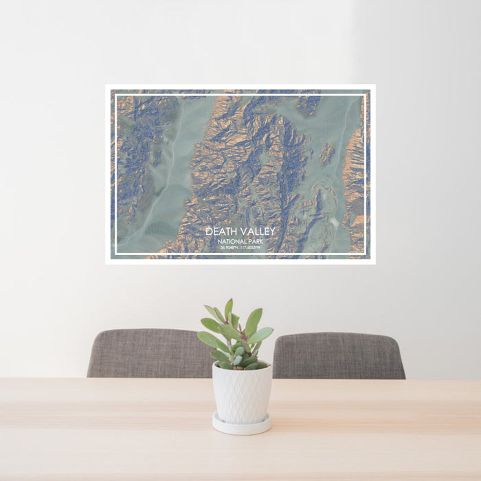 24x36 Death Valley National Park Map Print Lanscape Orientation in Afternoon Style Behind 2 Chairs Table and Potted Plant