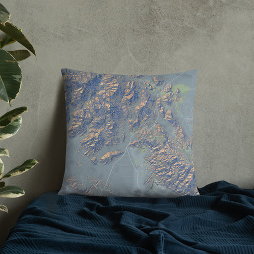 Custom Death Valley National Park Map Throw Pillow in Afternoon on Bedding Against Wall
