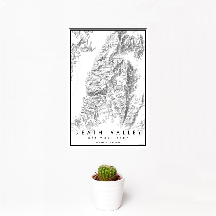 12x18 Death Valley National Park Map Print Portrait Orientation in Classic Style With Small Cactus Plant in White Planter