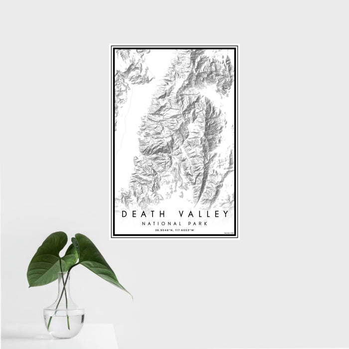 16x24 Death Valley National Park Map Print Portrait Orientation in Classic Style With Tropical Plant Leaves in Water