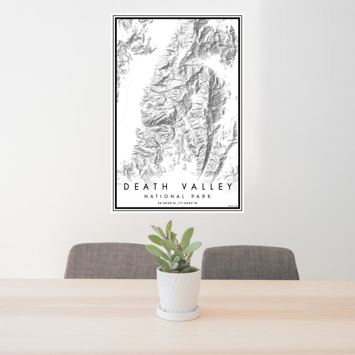 24x36 Death Valley National Park Map Print Portrait Orientation in Classic Style Behind 2 Chairs Table and Potted Plant