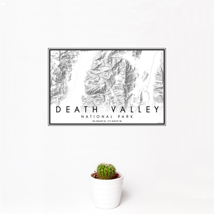 12x18 Death Valley National Park Map Print Landscape Orientation in Classic Style With Small Cactus Plant in White Planter