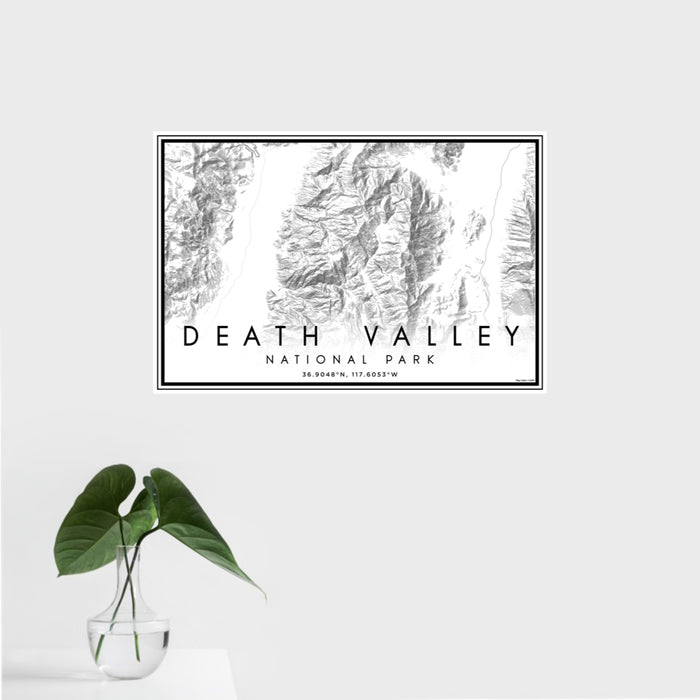 16x24 Death Valley National Park Map Print Landscape Orientation in Classic Style With Tropical Plant Leaves in Water