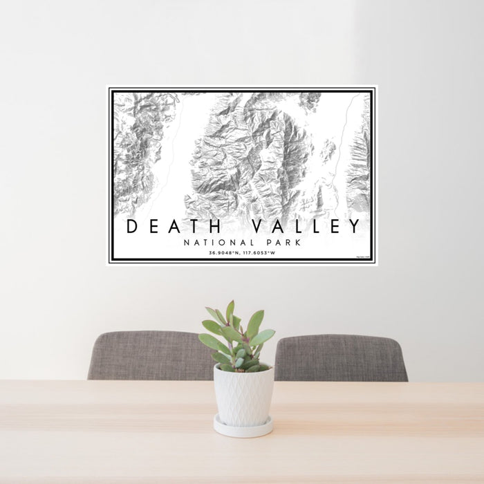 24x36 Death Valley National Park Map Print Landscape Orientation in Classic Style Behind 2 Chairs Table and Potted Plant