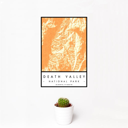 12x18 Death Valley National Park Map Print Portrait Orientation in Ember Style With Small Cactus Plant in White Planter
