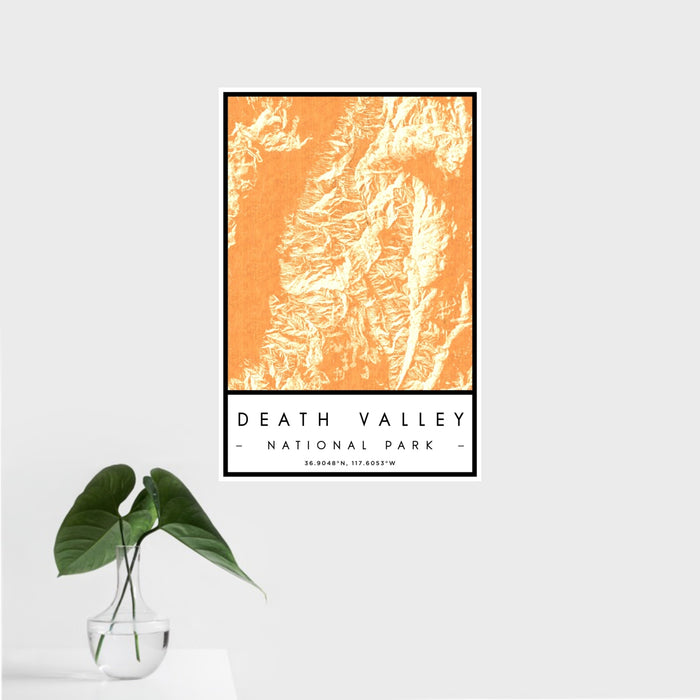 16x24 Death Valley National Park Map Print Portrait Orientation in Ember Style With Tropical Plant Leaves in Water