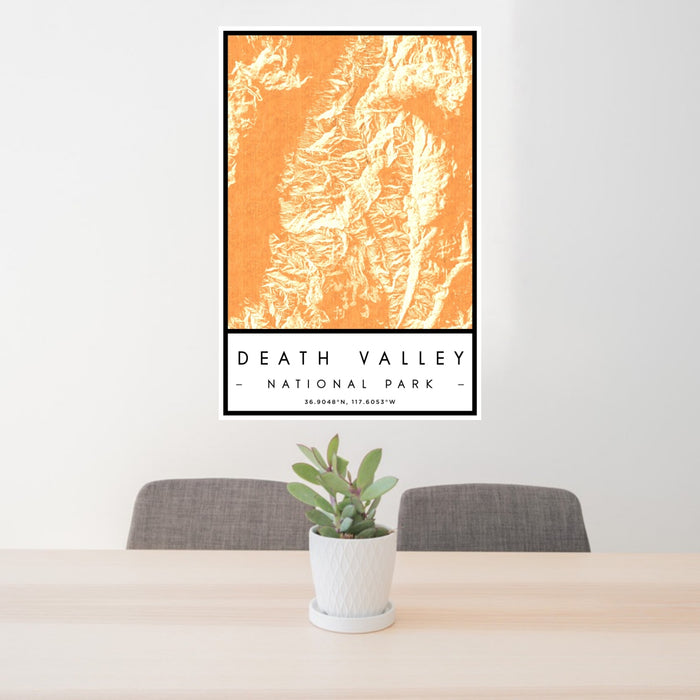24x36 Death Valley National Park Map Print Portrait Orientation in Ember Style Behind 2 Chairs Table and Potted Plant