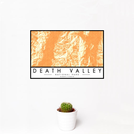 12x18 Death Valley National Park Map Print Landscape Orientation in Ember Style With Small Cactus Plant in White Planter