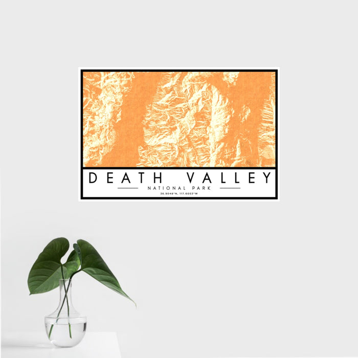 16x24 Death Valley National Park Map Print Landscape Orientation in Ember Style With Tropical Plant Leaves in Water
