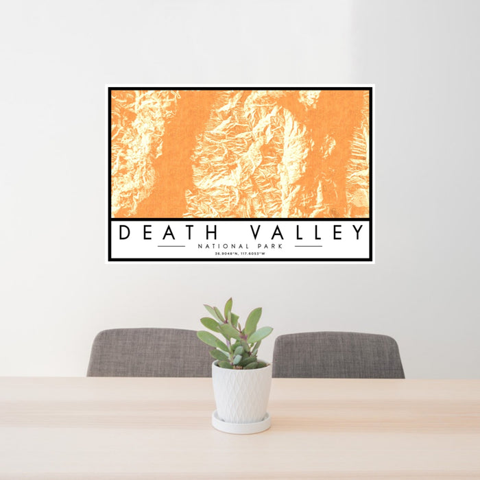 24x36 Death Valley National Park Map Print Landscape Orientation in Ember Style Behind 2 Chairs Table and Potted Plant