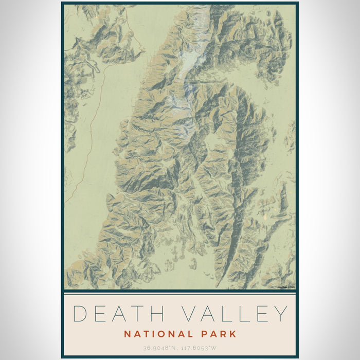 Death Valley National Park Map Print Portrait Orientation in Woodblock Style With Shaded Background