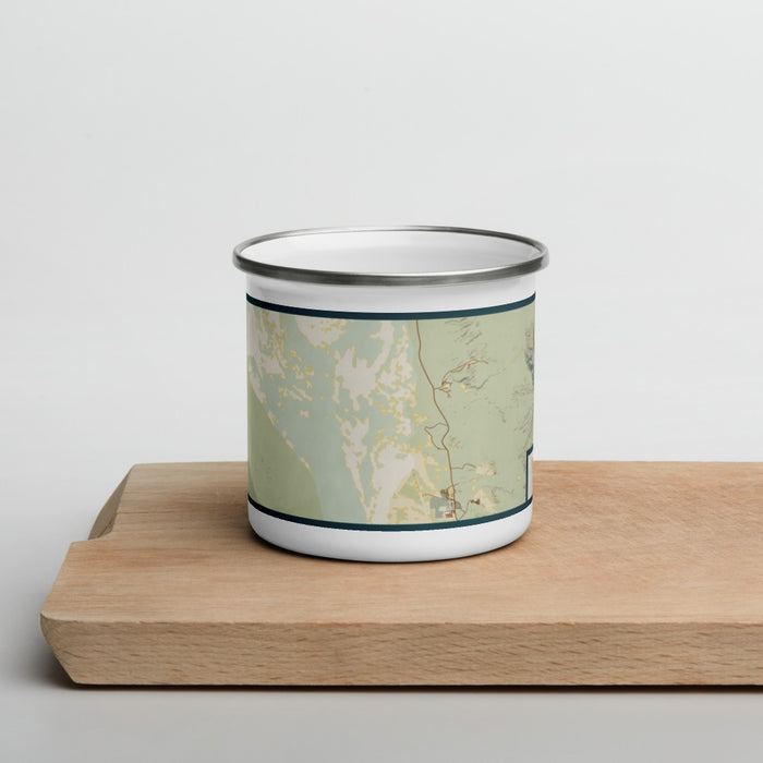 Front View Custom Death Valley National Park Map Enamel Mug in Woodblock on Cutting Board