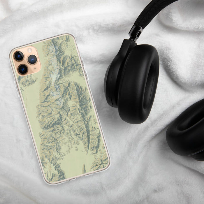 Custom Death Valley National Park Map Phone Case in Woodblock on Table with Black Headphones
