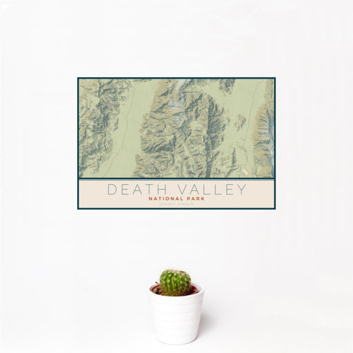 12x18 Death Valley National Park Map Print Landscape Orientation in Woodblock Style With Small Cactus Plant in White Planter