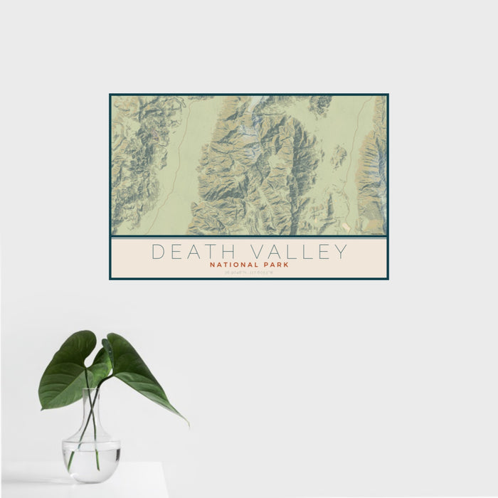 16x24 Death Valley National Park Map Print Landscape Orientation in Woodblock Style With Tropical Plant Leaves in Water