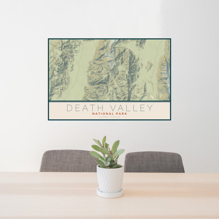24x36 Death Valley National Park Map Print Landscape Orientation in Woodblock Style Behind 2 Chairs Table and Potted Plant