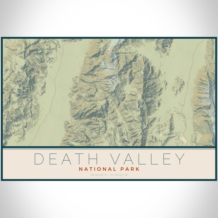 Death Valley National Park Map Print Landscape Orientation in Woodblock Style With Shaded Background
