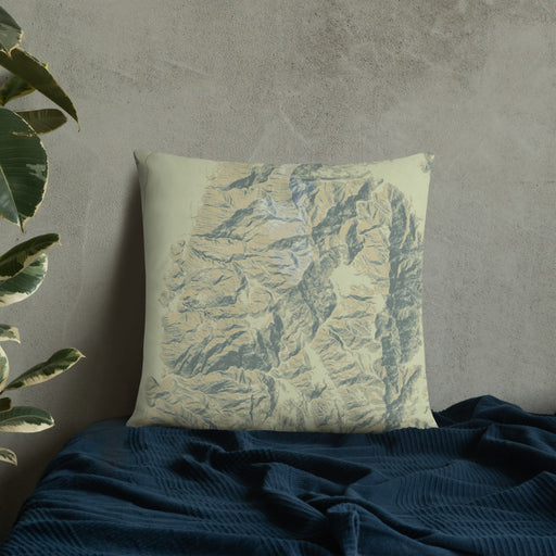 Custom Death Valley National Park Map Throw Pillow in Woodblock on Bedding Against Wall