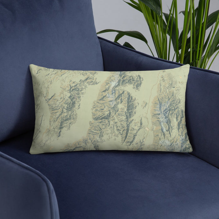 Custom Death Valley National Park Map Throw Pillow in Woodblock on Blue Colored Chair