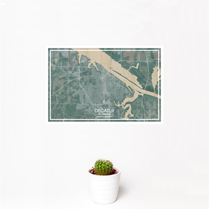 12x18 Decatur Alabama Map Print Landscape Orientation in Afternoon Style With Small Cactus Plant in White Planter