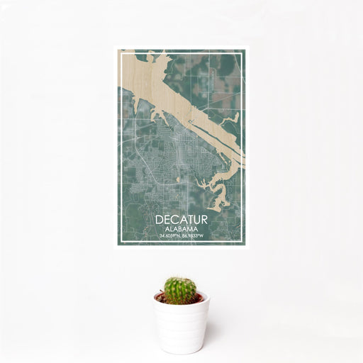 12x18 Decatur Alabama Map Print Portrait Orientation in Afternoon Style With Small Cactus Plant in White Planter