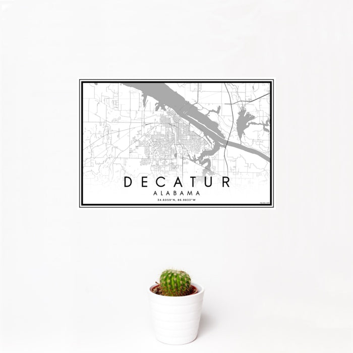 12x18 Decatur Alabama Map Print Landscape Orientation in Classic Style With Small Cactus Plant in White Planter