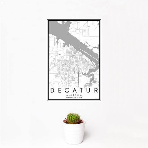 12x18 Decatur Alabama Map Print Portrait Orientation in Classic Style With Small Cactus Plant in White Planter
