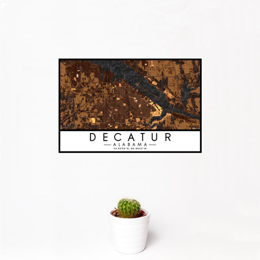 12x18 Decatur Alabama Map Print Landscape Orientation in Ember Style With Small Cactus Plant in White Planter