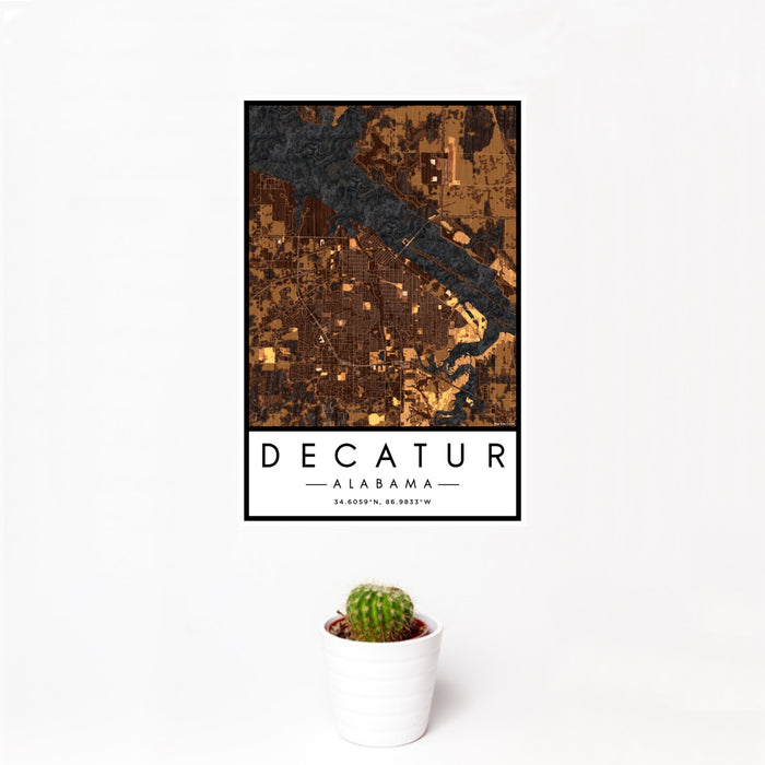 12x18 Decatur Alabama Map Print Portrait Orientation in Ember Style With Small Cactus Plant in White Planter