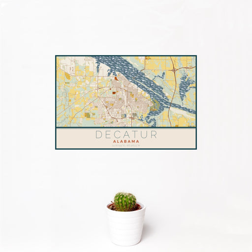 12x18 Decatur Alabama Map Print Landscape Orientation in Woodblock Style With Small Cactus Plant in White Planter