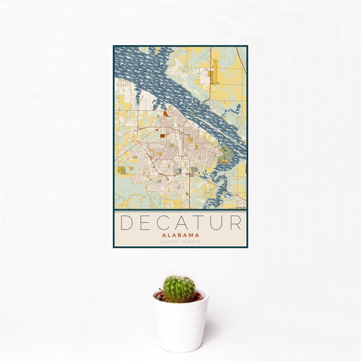 12x18 Decatur Alabama Map Print Portrait Orientation in Woodblock Style With Small Cactus Plant in White Planter