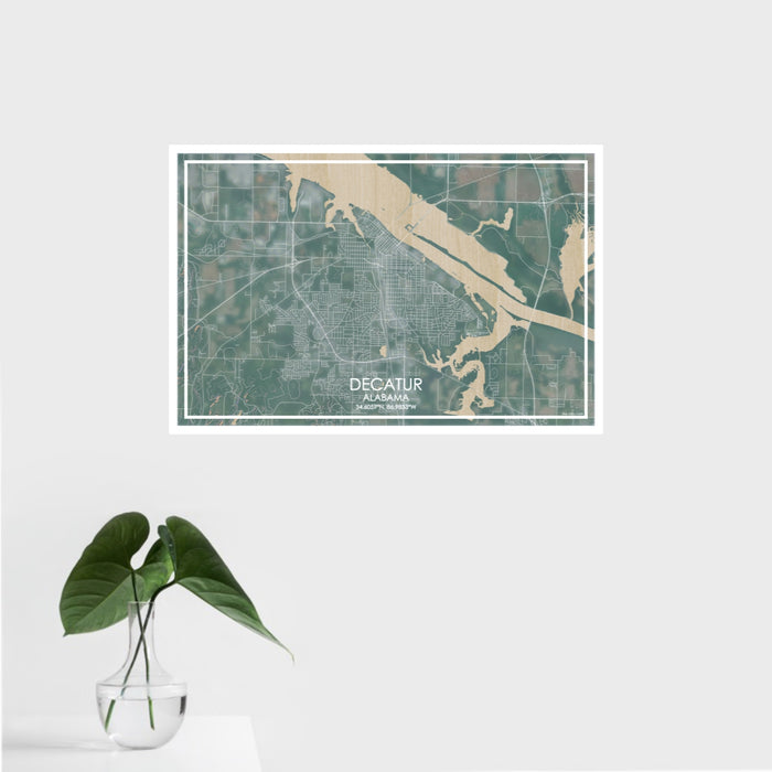 16x24 Decatur Alabama Map Print Landscape Orientation in Afternoon Style With Tropical Plant Leaves in Water