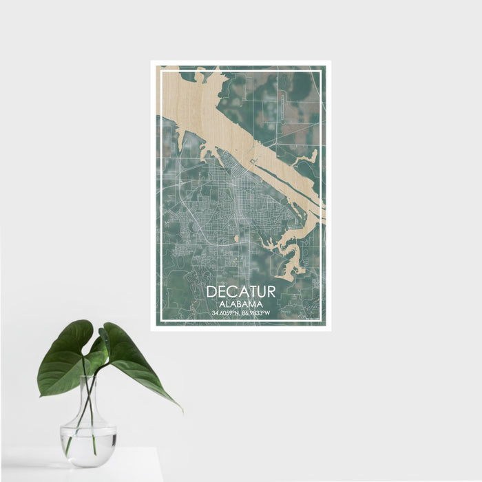 16x24 Decatur Alabama Map Print Portrait Orientation in Afternoon Style With Tropical Plant Leaves in Water