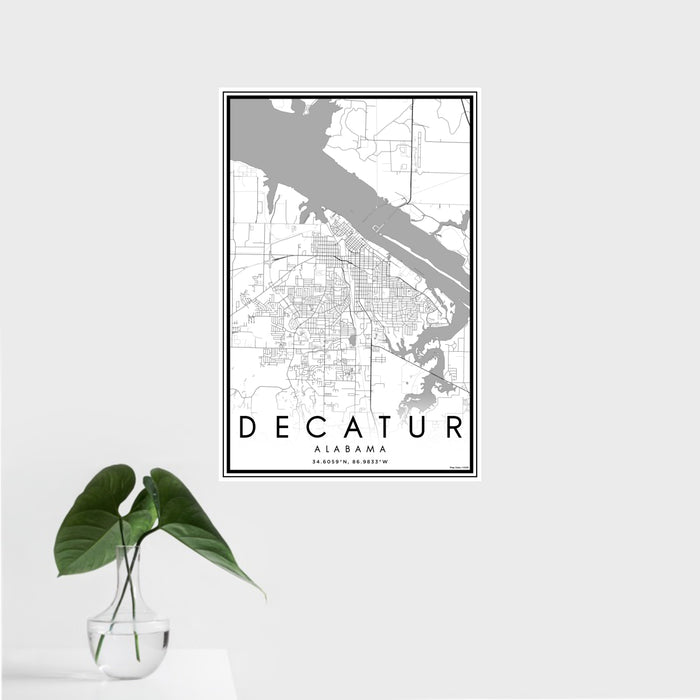 16x24 Decatur Alabama Map Print Portrait Orientation in Classic Style With Tropical Plant Leaves in Water