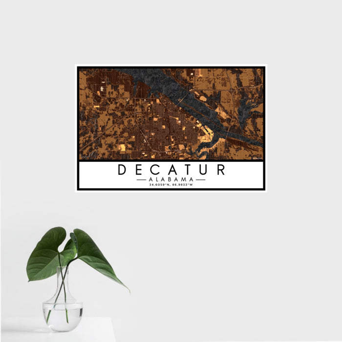 16x24 Decatur Alabama Map Print Landscape Orientation in Ember Style With Tropical Plant Leaves in Water