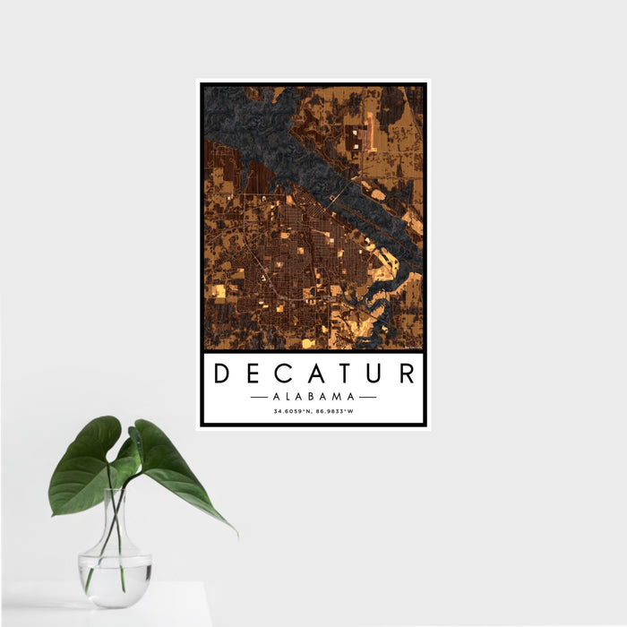 16x24 Decatur Alabama Map Print Portrait Orientation in Ember Style With Tropical Plant Leaves in Water
