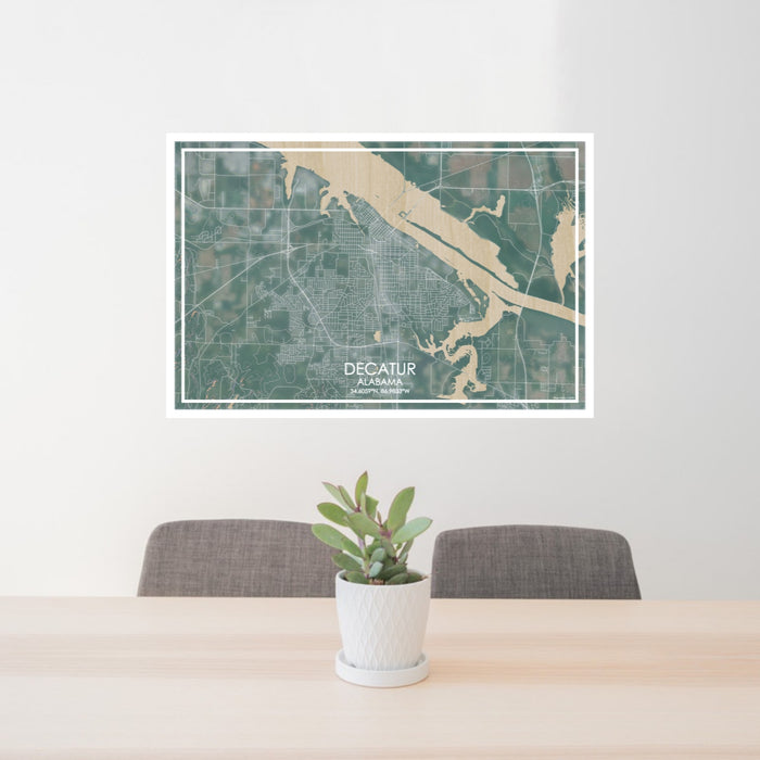 24x36 Decatur Alabama Map Print Lanscape Orientation in Afternoon Style Behind 2 Chairs Table and Potted Plant
