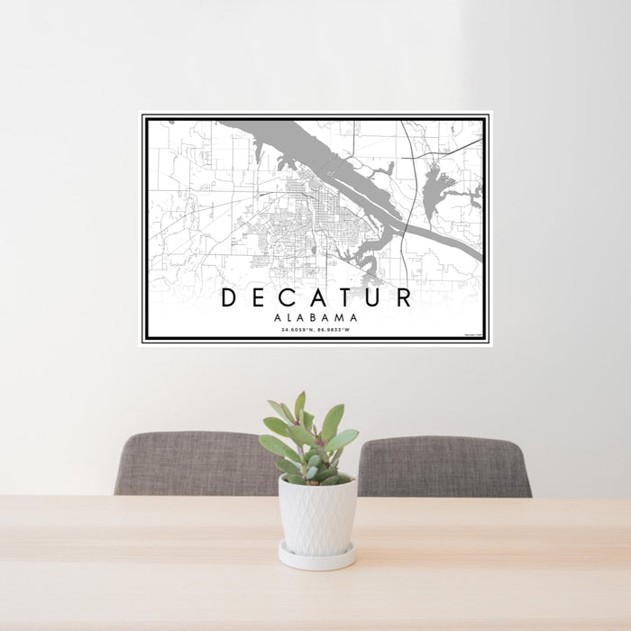 24x36 Decatur Alabama Map Print Lanscape Orientation in Classic Style Behind 2 Chairs Table and Potted Plant