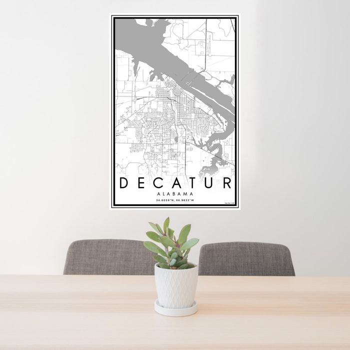 24x36 Decatur Alabama Map Print Portrait Orientation in Classic Style Behind 2 Chairs Table and Potted Plant